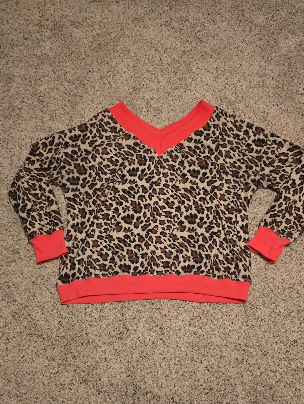 Leopard Print V-Neck Sweater By Top Style with Hot Pink Pepto Trim Large